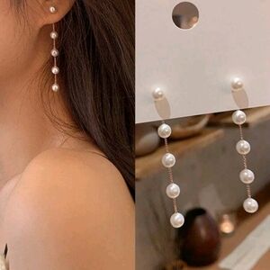 Minimalist Titanium Steel faux Pearl‎ Tassel Chain Earrings, for women